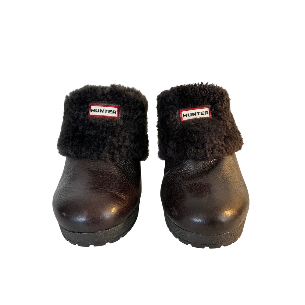 Hunter Brunsun Clog Mules Size 10 Brown Leather Sheepskin Lining Platform Lug